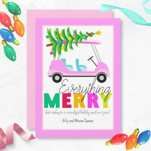 Everything Merry Pink Golf Cart Christmas Tree Holiday Card