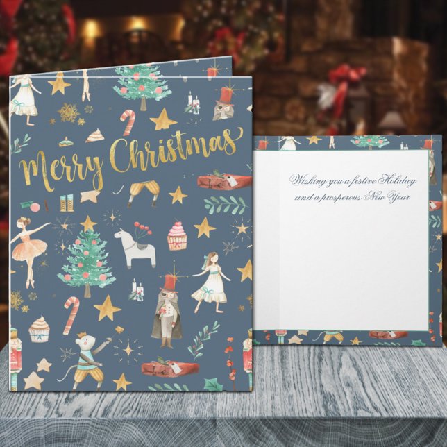 Everything Nutcracker Gold Merry Christmas Blue Holiday Card (Everything Nutcracker Gold Merry Christmas Blue Holiday Wraparound Graphics Folded Card)