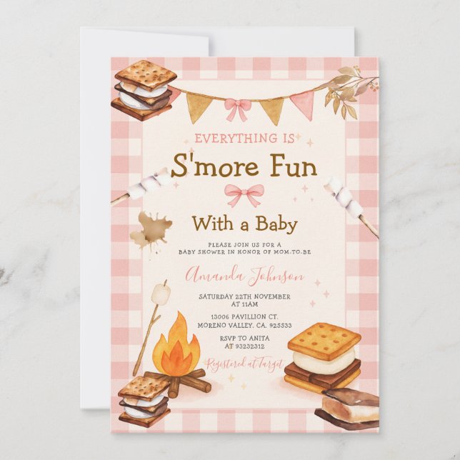 Everything S'more Fun Pink Baby Shower Gingham Invitation (Front)