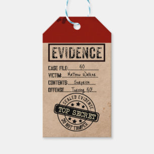 Evidence true crime murder mystery party favor tag