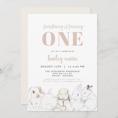 EVIE Cute Pastel Baby Bunny 1st Birthday Invitation