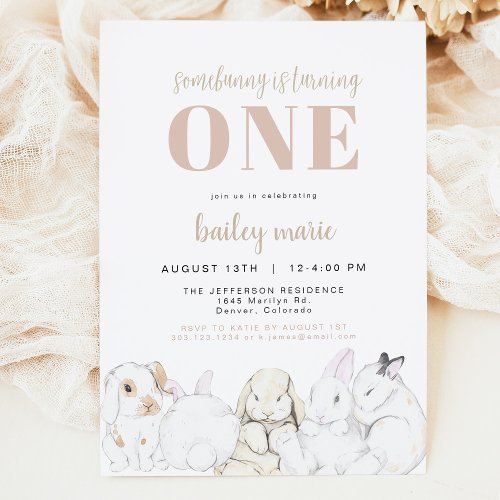 EVIE Cute Pastel Baby Bunny 1st Birthday Invitation