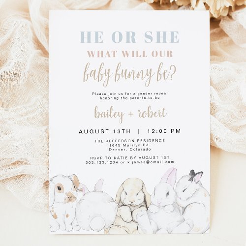 EVIE Cute Pastel Watercolor Bunny Gender Reveal Invitation