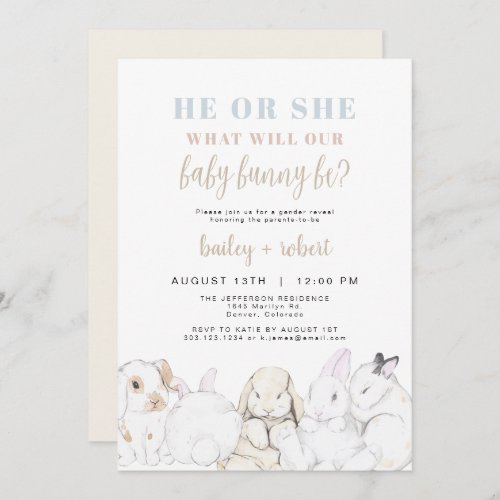 EVIE Cute Pastel Watercolor Bunny Gender Reveal Invitation