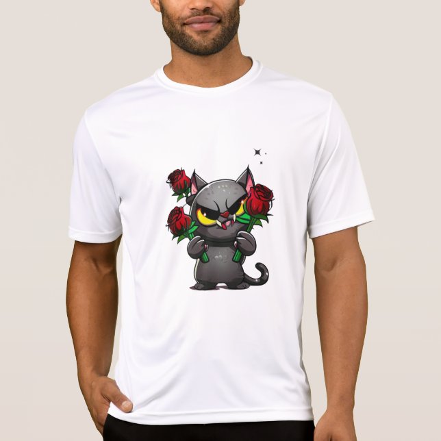 Evil Black Cat Holding Roses Cool Dark Stars T-Shirt (Front)