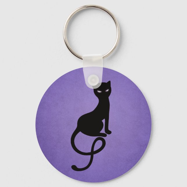 Evil Black Cat Silhouette In Purple Keychain (Front)