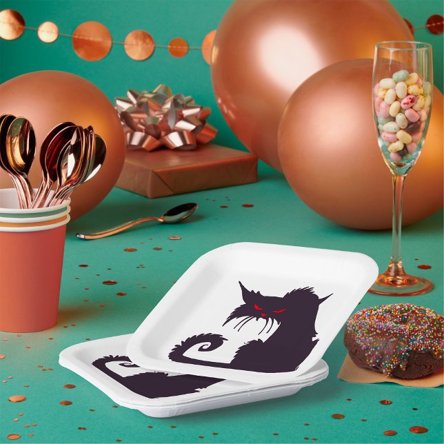 Evil Black Cat Silhouette with Red Eyes Paper Plates (Creator Uploaded)