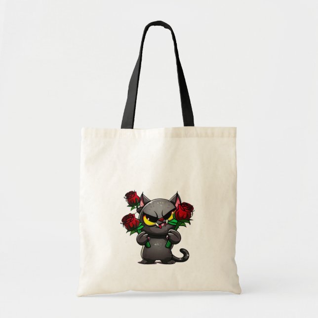Evil Black Gray Cat Holding Red Roses Cool  Tote Bag (Front)