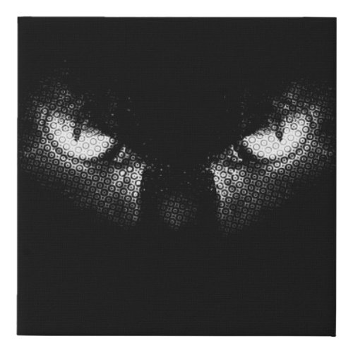 Evil cat eyes half tone black and white graphic faux canvas print