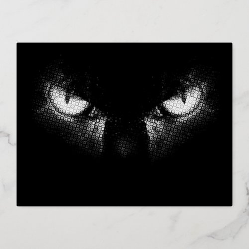 Evil cat eyes half tone black and white graphic foil holiday postcard