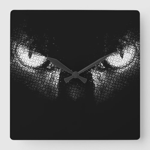 Evil cat eyes half tone black and white graphic square wall clock