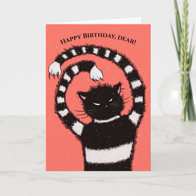 Evil Cat In Snowy Winter Cartoon Kitty Birthday Card (Front)