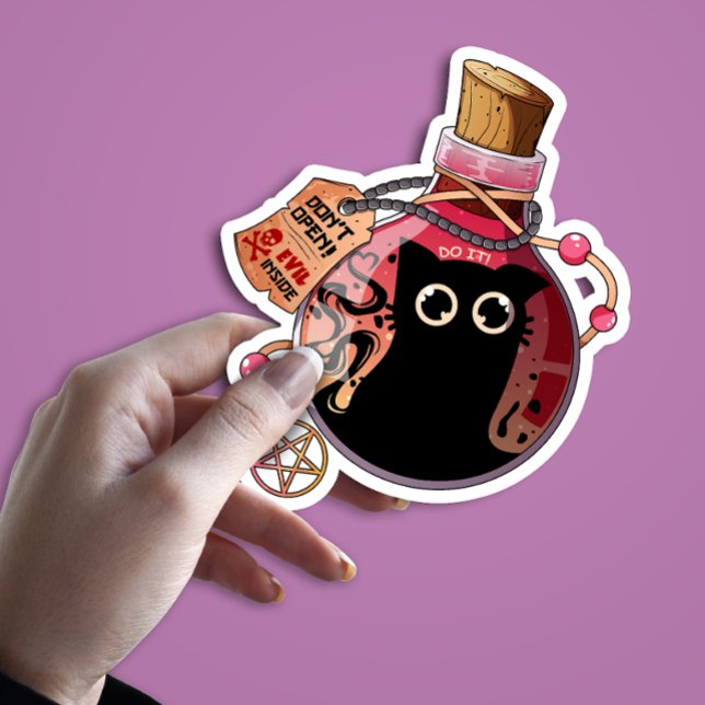 Evil Cat Spirit Trapped in Pink Potion Bottle Sticker (Creator Uploaded)