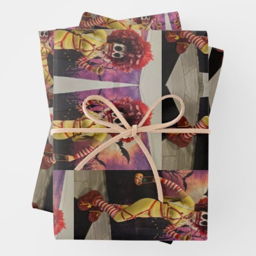 evil clown food fast red wig wrapping paper sheets