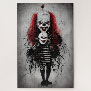 Evil Clown Kid Holding A Scary Clown Head Jigsaw Puzzle