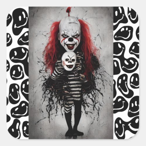 Evil Clown Kid Holding A Scary Clown Head Square Sticker