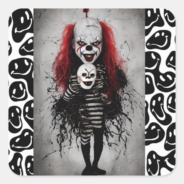 Evil Clown Kid Holding A Scary Clown Head Square Sticker (Front)