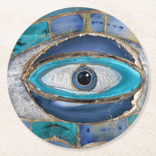 Evil Eye Amulet Agate and gold Round Paper Coaster