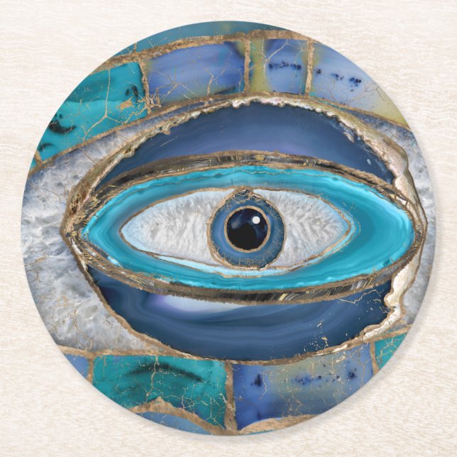 Evil Eye Amulet Agate and gold Round Paper Coaster (Front)