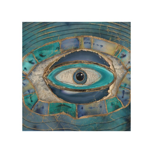 Evil Eye Amulet Agate and gold Wood Wall Art (Front)