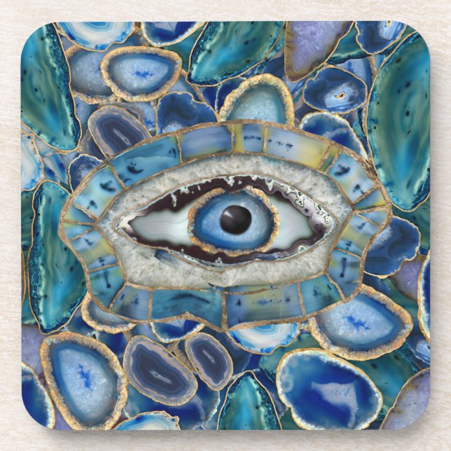 Evil Eye Amulet Blue Geodes and Crystals Beverage Coaster (Front)