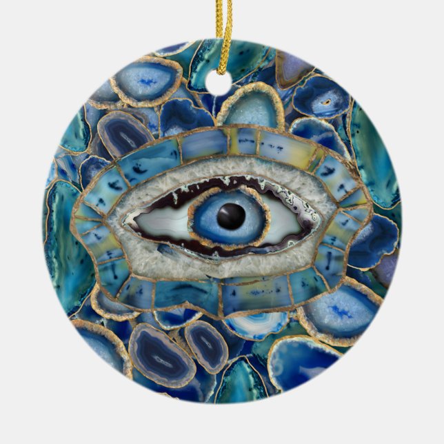 Evil Eye Amulet Blue Geodes and Crystals Ceramic Ornament (Front)