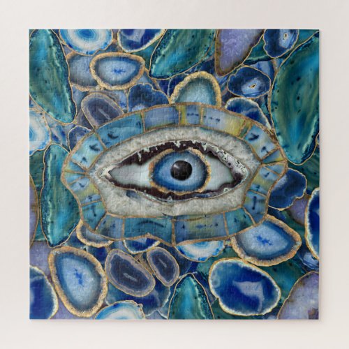 Evil Eye Amulet Blue Geodes and Crystals Jigsaw Puzzle