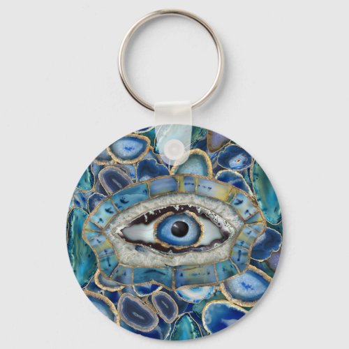 Evil Eye Amulet Blue Geodes and Crystals Keychain