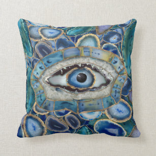 Evil Eye Amulet Blue Geodes and Crystals Throw Pillow