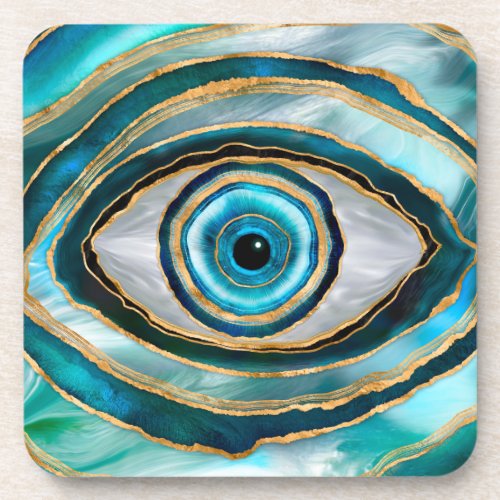 Evil Eye Amulet Watercolor marbles and gold Beverage Coaster