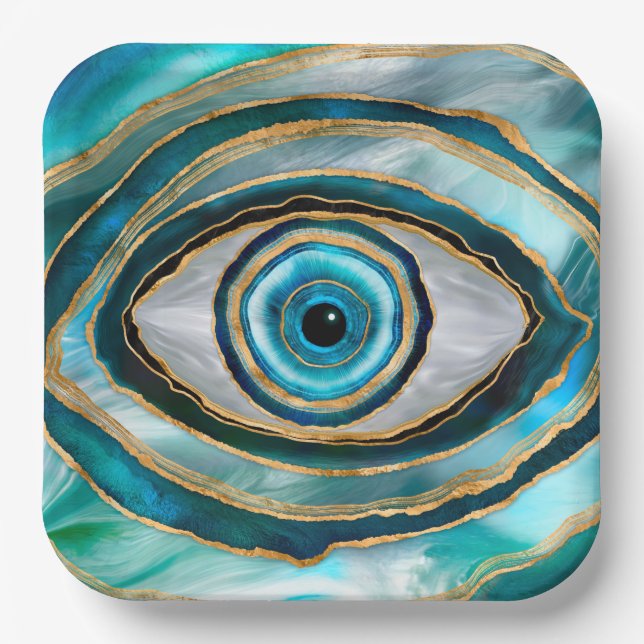 Evil Eye Amulet Watercolor marbles and gold Paper Plates (Front)