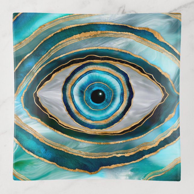 Evil Eye Amulet Watercolor marbles and gold Trinket Tray (Front)