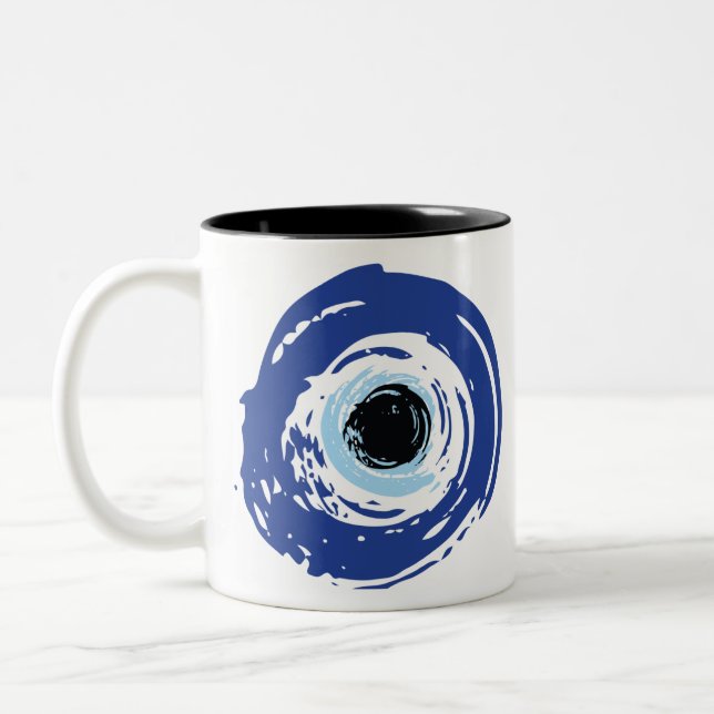 Evil Eye Artistic Blue Greek Two-Tone Coffee Mug (Left)