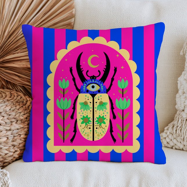 Evil Eye Beetle Celestial Insect Colorful Striped Throw Pillow (Creator Uploaded)