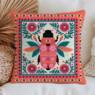 Evil Eye Beetle Insect Folk Art Cottagecore Floral Throw Pillow