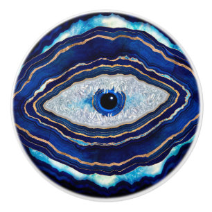 Evil Eye Blue Agate Geode Ditital Art Ceramic Knob
