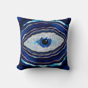 Evil Eye Blue Agate Geode Ditital Art Throw Pillow