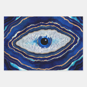 Evil Eye Blue Agate Geode Ditital Art Wrapping Paper Sheets
