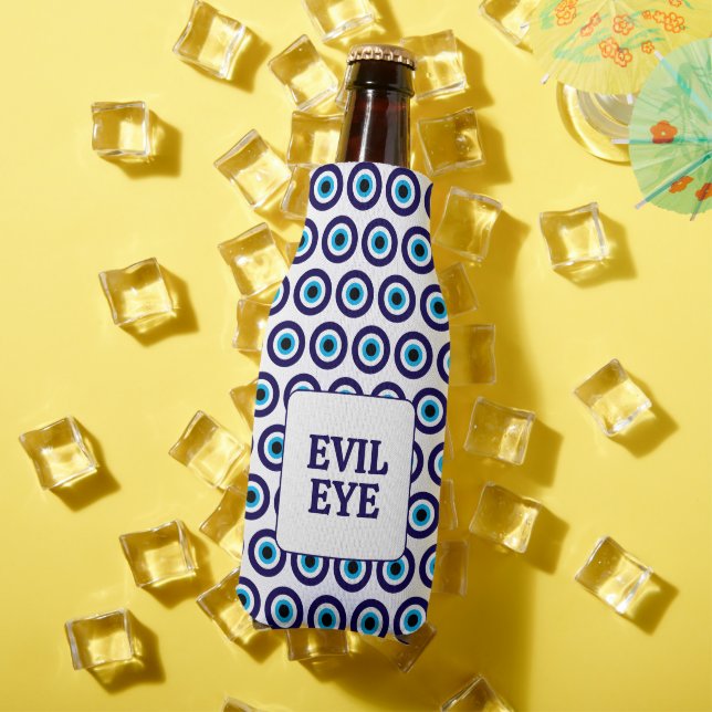 Evil Eye Blue Mati print custom beer bottle cooler (In Situ Summer)