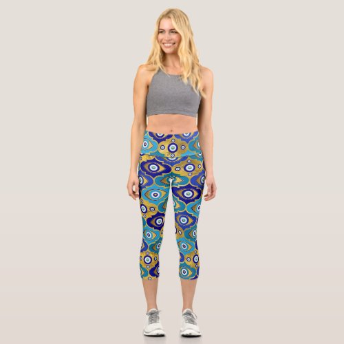 Evil Eye Charms in Quatrefoil Pattern Capri Leggings