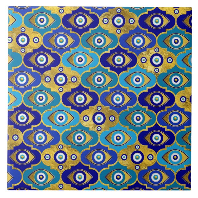 Evil Eye Charms in Quatrefoil Pattern Ceramic Tile (Front)