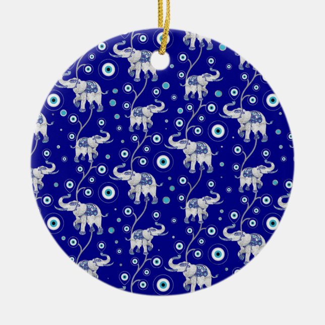 Evil Eye Elephant Good Luck amulet pattern Ceramic Ornament (Front)