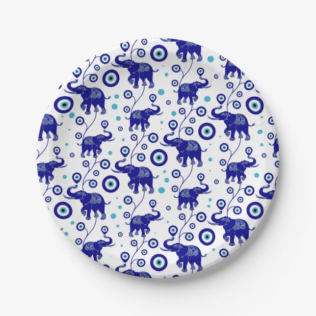 Evil Eye Elephant Good Luck amulet pattern Paper Plates (Front)
