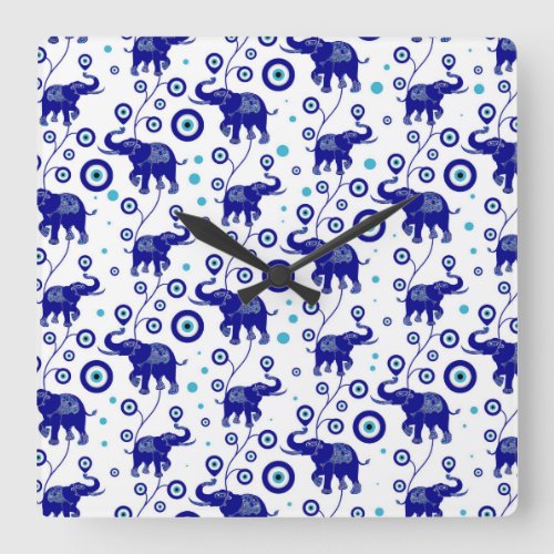 Evil Eye Elephant Good Luck amulet pattern Square Wall Clock