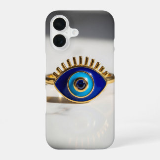 Evil Eye Gold Ring on Marble Background iPhone 16 Case
