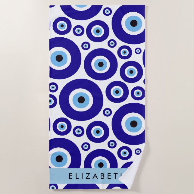 Evil Eye, Greek Eye, Turkish Eye, Mati, Your Name Beach Towel (Front)