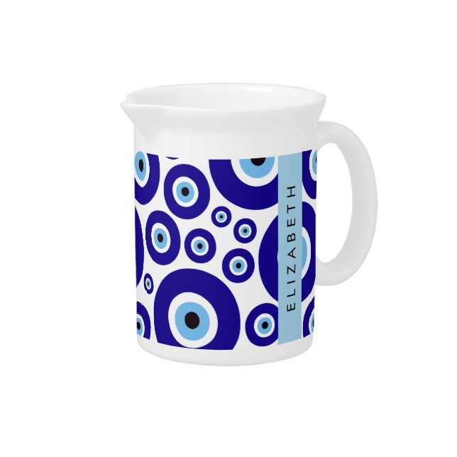 Evil Eye, Greek Eye, Turkish Eye, Mati, Your Name Beverage Pitcher (Right)