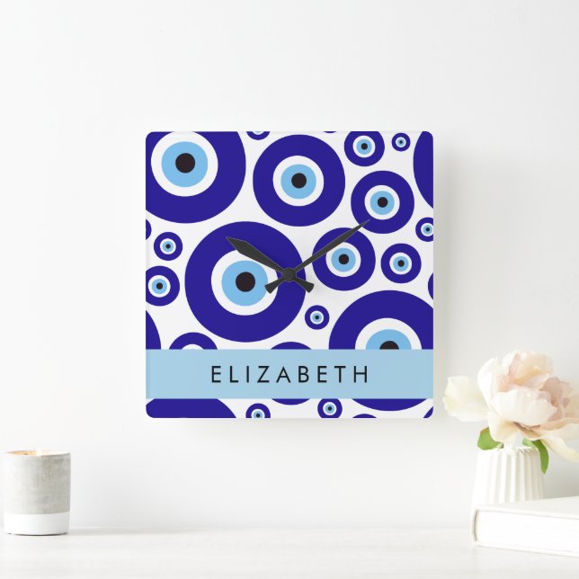 Evil Eye, Greek Eye, Turkish Eye, Mati, Your Name Square Wall Clock (Home)