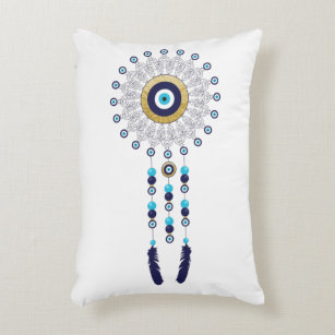 Evil Eye Mandala Dream Catcher in Blue and Gold Accent Pillow