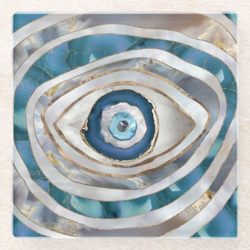 Evil Eye Mineral textures and gold Glass Coaster